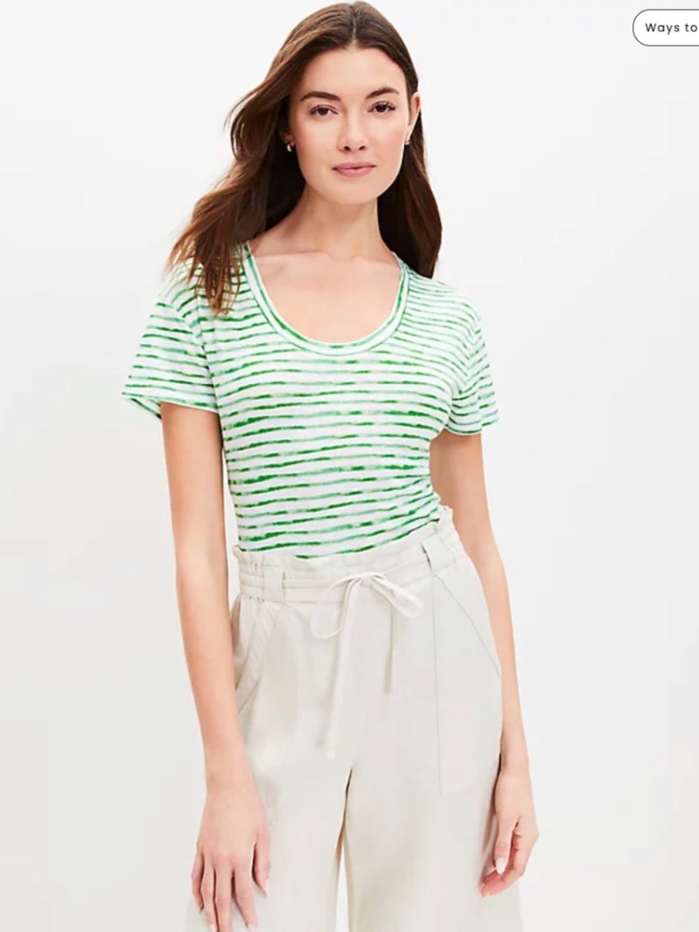 LOFT Green Stripe Scoop Neck Linen Blend Tee - Sz M
